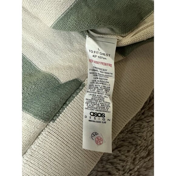 ASOS DESIGN relaxed knit textured notch neck polo shirt in ecru green stripe L - Picture 7 of 12